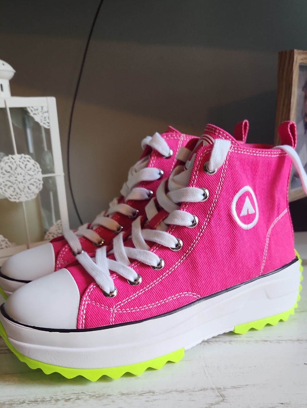 Airwalk Pink High-Top Platform Canvas Sneakers with Neon Green Outsole
